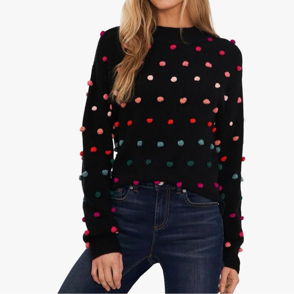CeCe Women's Mock Neck Rainbow Pompom Black Sweater